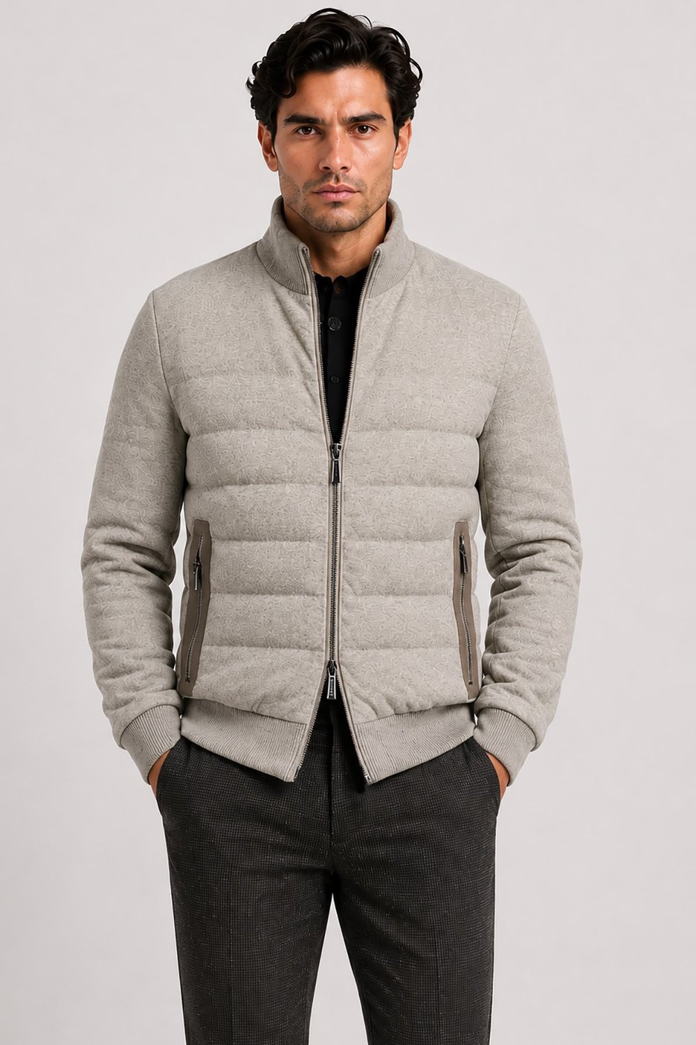 Krem Gabbiacci Made in Italy Erkek Fermuarlı Dik Yaka %100 Yün Mont U008197