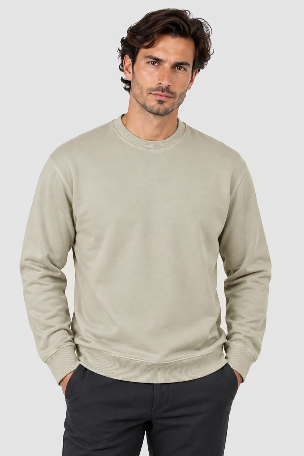 Krem Gızzıt Erkek Yıkamalı Bisiklet Yaka Sweatshirt U007841