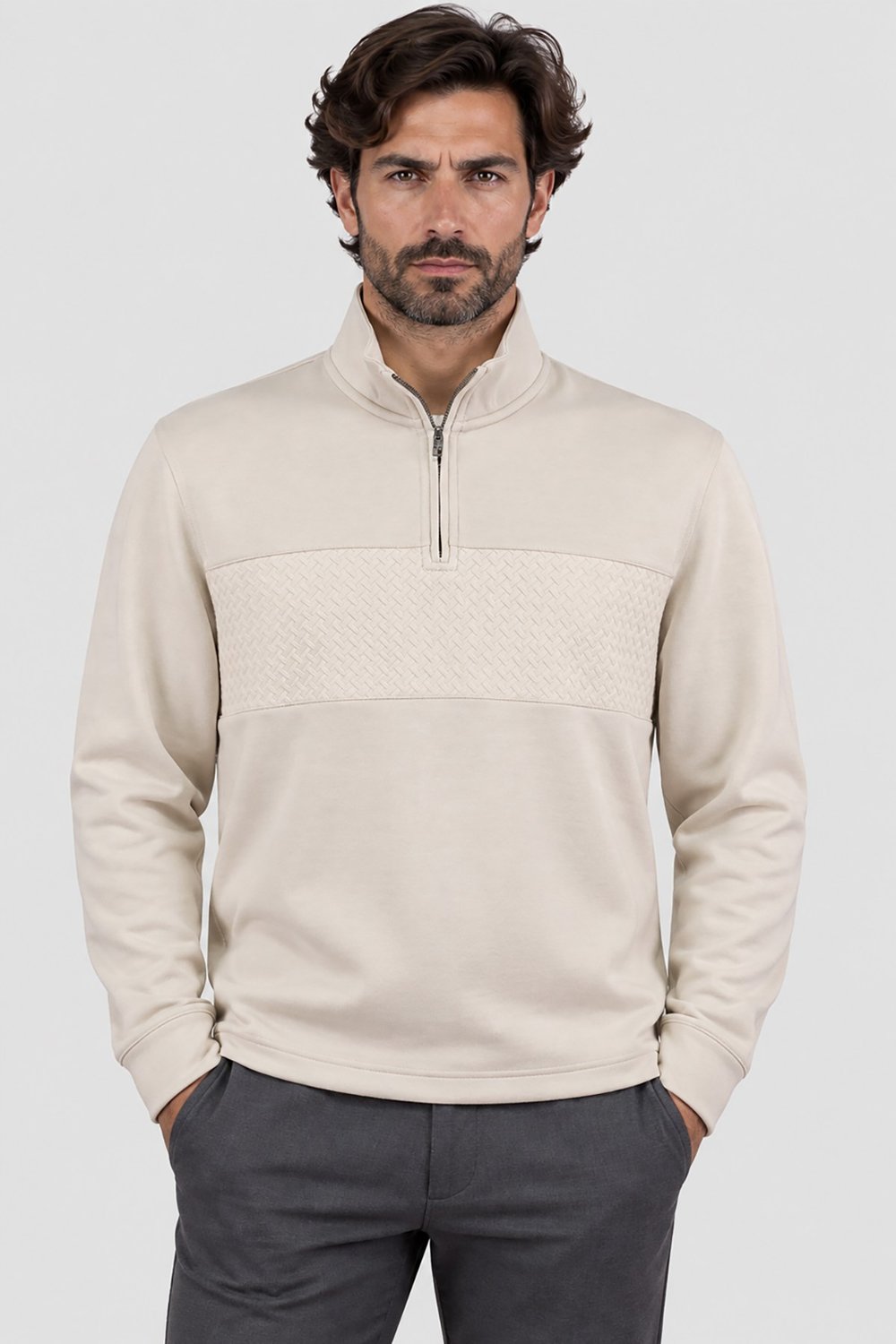 Krem Td Bkr Erkek Fermuarlı Dik Yaka Soft Touch Sweatshirt U007864