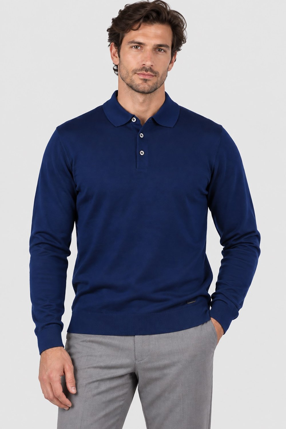 Lacivert Gabbiacci Made in Italy Erkek Düğmeli Polo Yaka %100 Yün Triko Kazak U008190