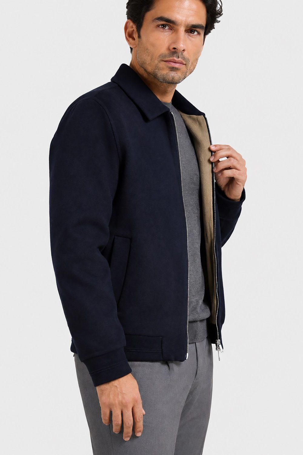Lacivert Gabbiacci Made in Italy Erkek Klasik Yaka Fermuarlı %100 Yün Mont U008215