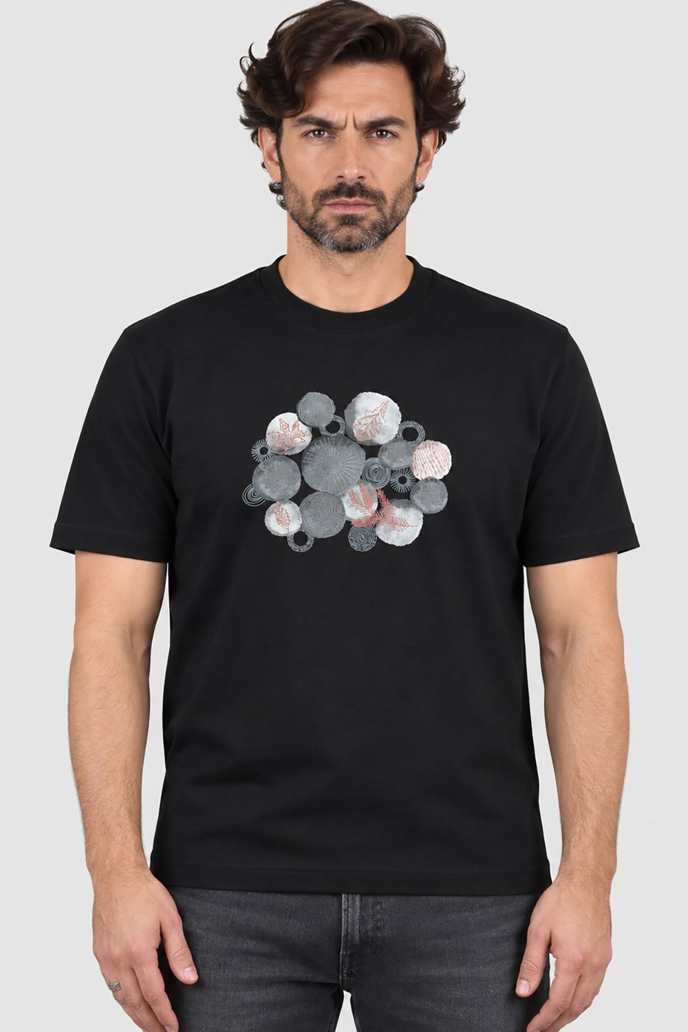 Siyah Dimattia Erkek Bisiklet Yaka Baskılı Pamuk T-Shirt U007975