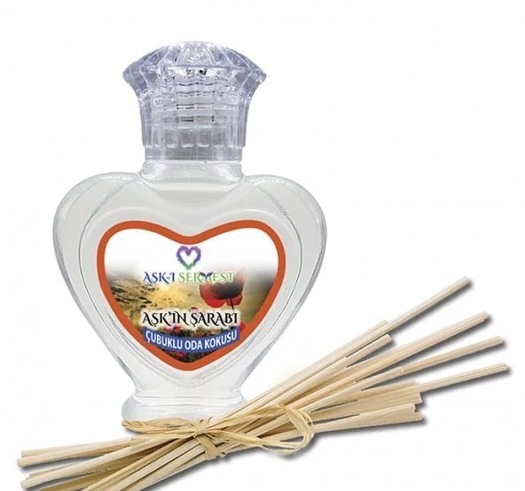 Aşk-ı Sermest Toptan Aşkın Şarabı Çiçek Aromalı Bambu Çubuklu Oda Kokusu Reed Diffuser Ortam Kokusu Parfüm, Kalp Şişe, 60 mL, 10 Adet