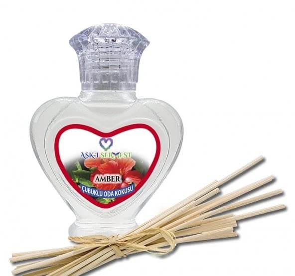 Aşk-ı Sermest Toptan Hindistan Cevizi&Yasemin Aromalı Bambu Çubuk Oda Kokusu Parfüm, Kalp Şişe, 60 mL, 5 Ad