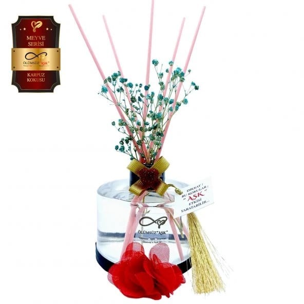 Aşk-ı Sermest Toptan Ölümsüz Aşk Meyve Serisi Karpuz Kokulu 3 x 200 ml Silindir Şişe Bambu Çubuklu Ortam Kokusu Reed Diffuser Oda Kokusu