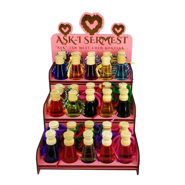Aşk-ı Sermest Toptan Pembe Ahşap Standlı 60 Adet 12 ML Meczup Kokulu Oto Kokusu Araç Araba Parfümü