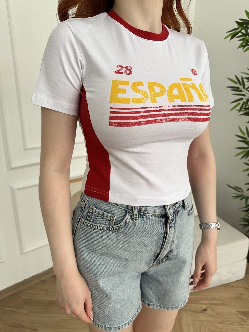 28 Espana Baskılı Crop T-shirt Beyaz