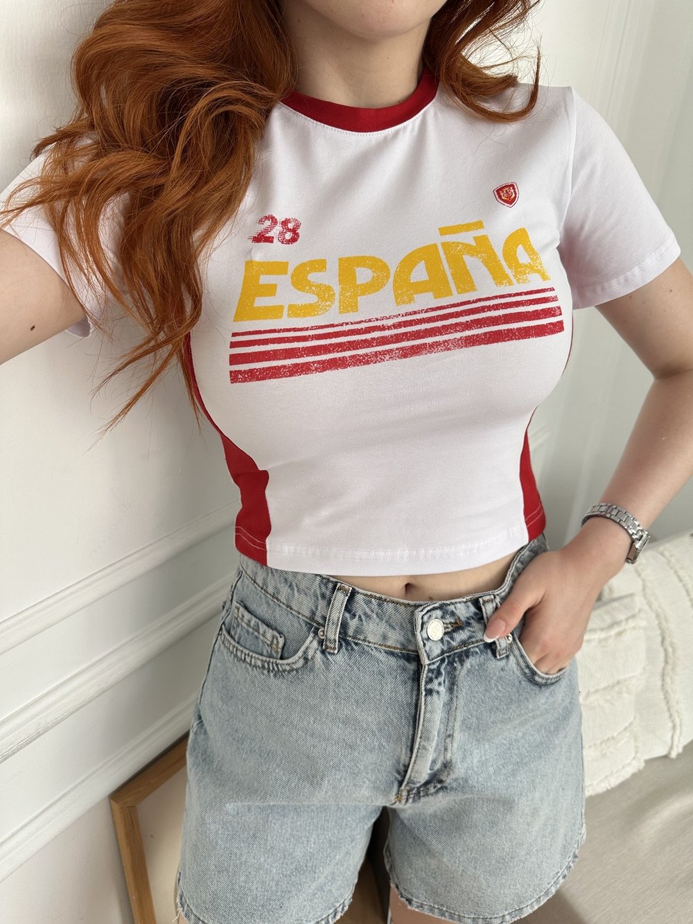 28 Espana Baskılı Crop T-shirt Beyaz