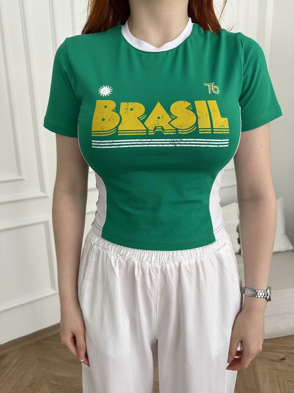 79 Brasil Baskılı Crop T-shirt Benetton yeşil