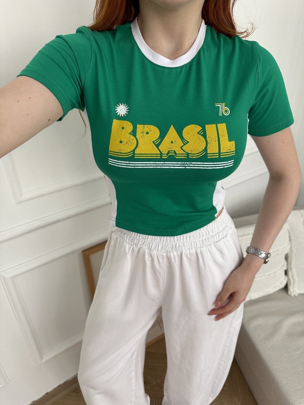 79 Brasil Baskılı Crop T-shirt Benetton yeşil