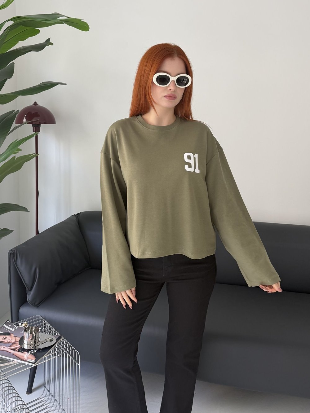 91 Baskılı Sweatshirt Haki