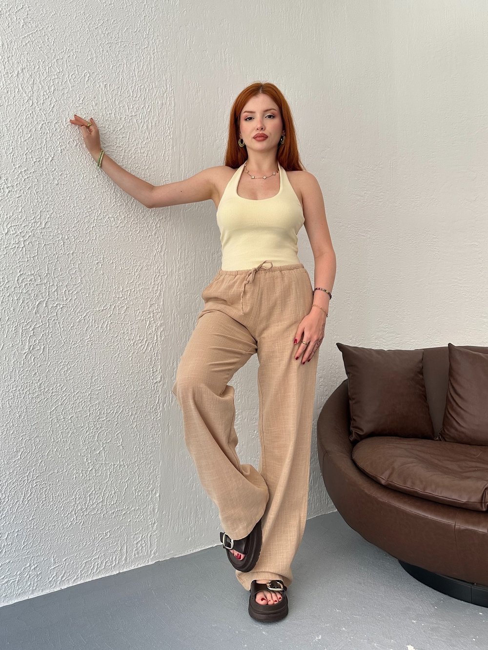 Bağcıklı Keten Pantolon Bej