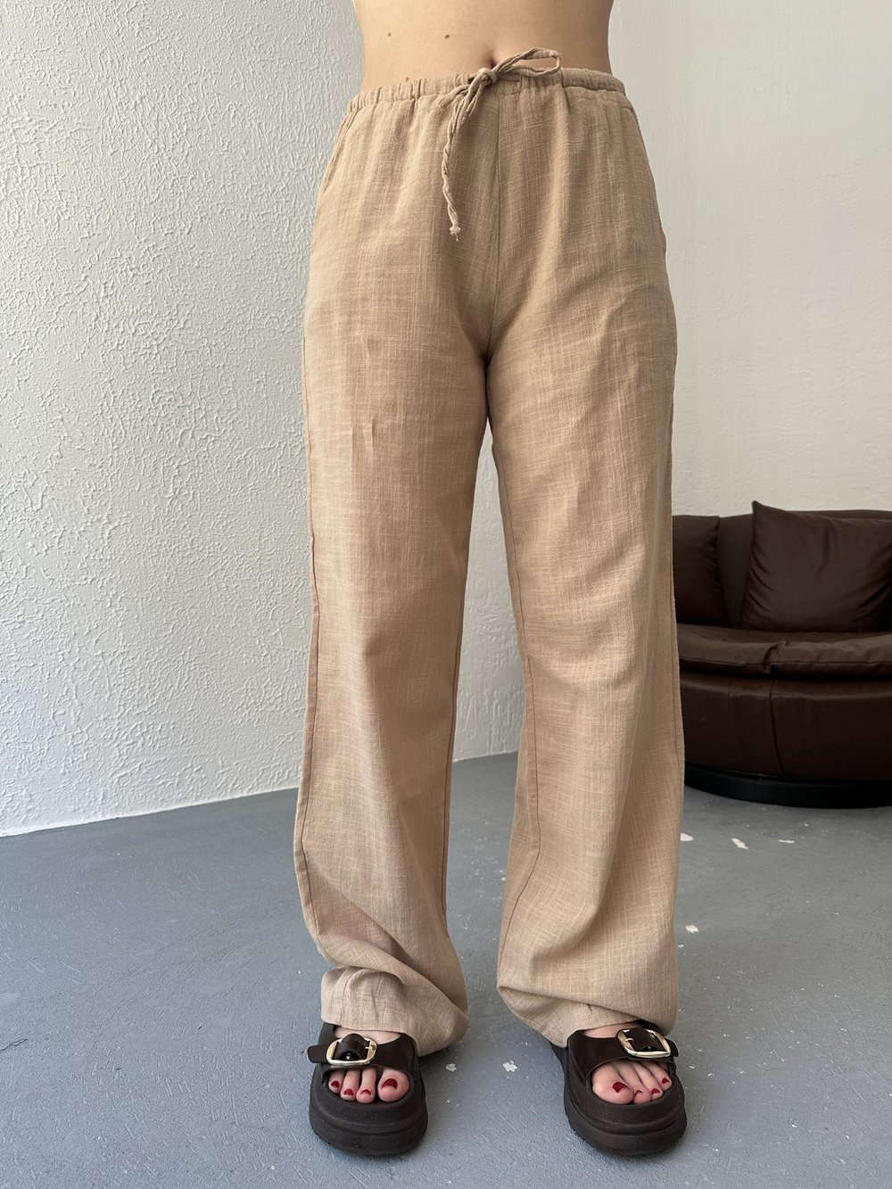 Bağcıklı Keten Pantolon Bej