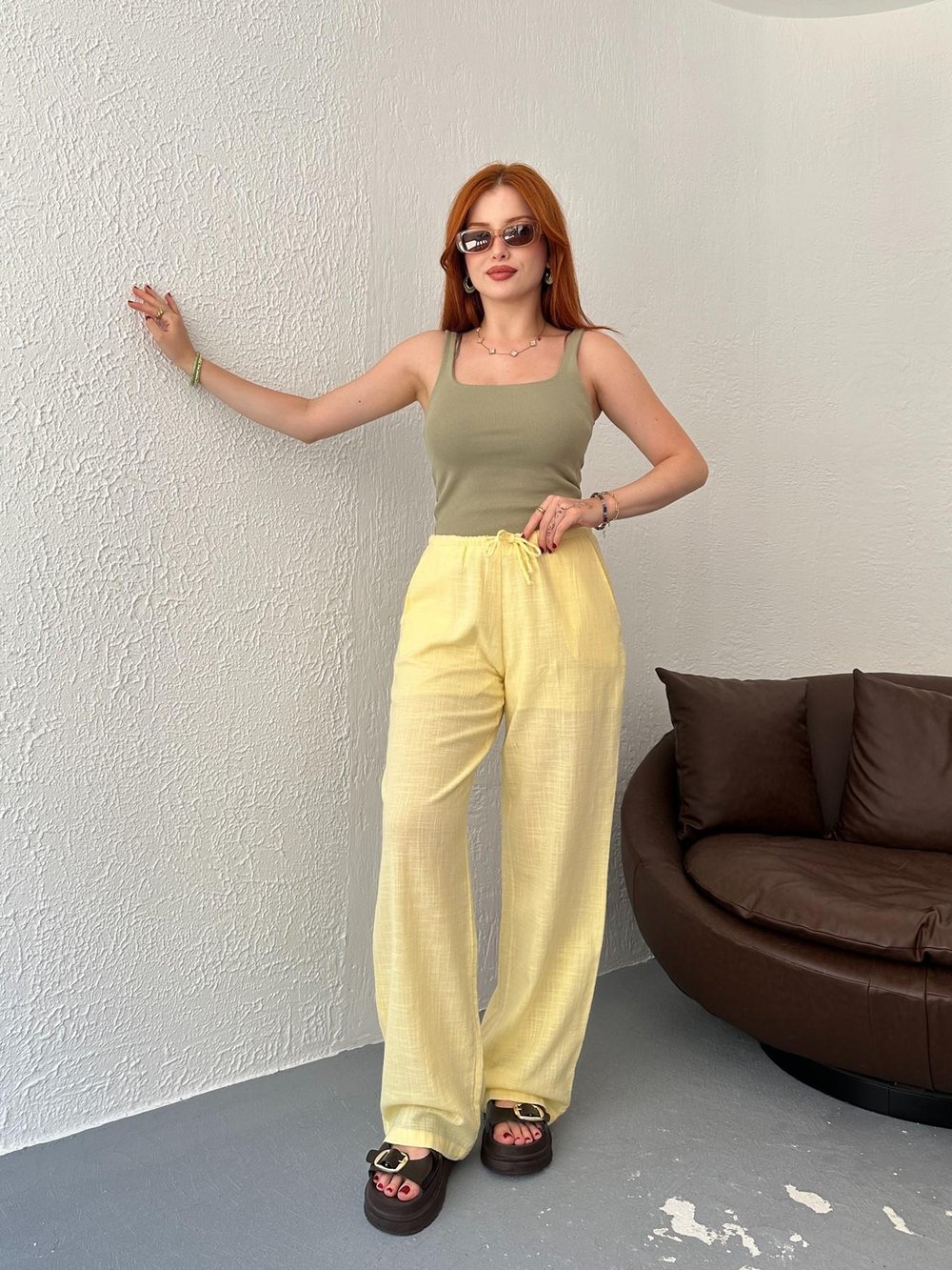 Bağcıklı Keten Pantolon Sarı