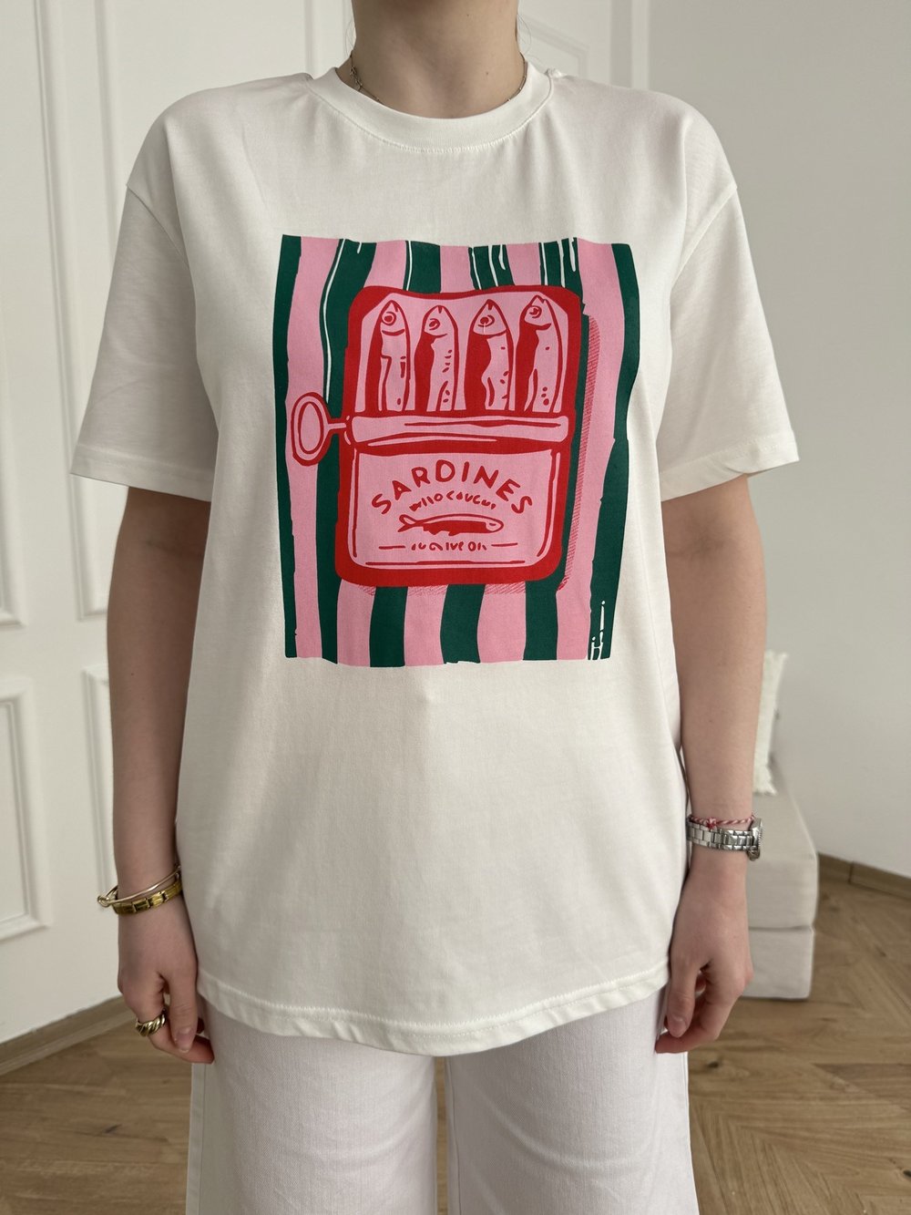 Balık Baskılı Oversize T-shirt Beyaz