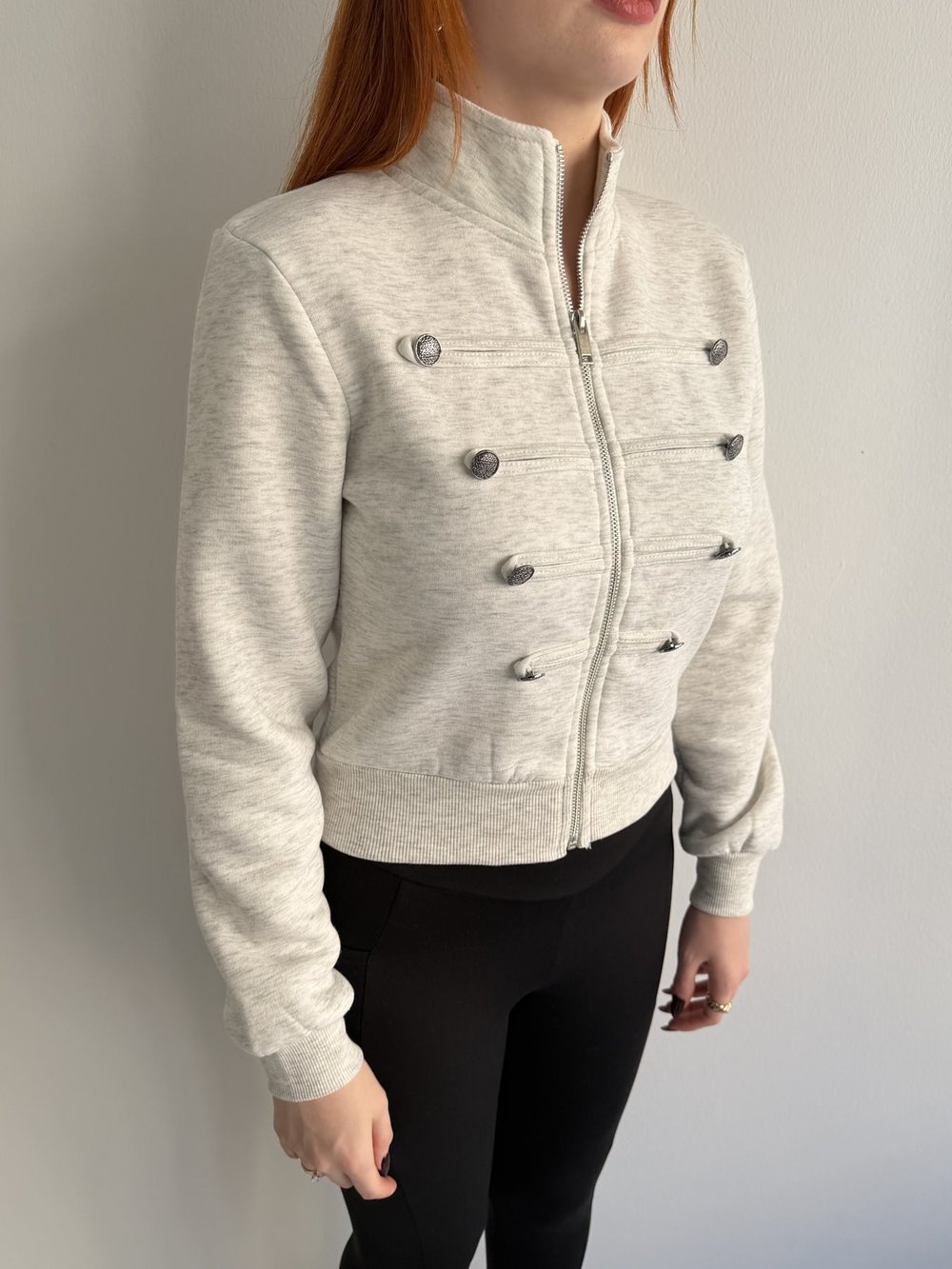 Bando Düğmeli Fermuarlı Sweatshırt Gri melanj
