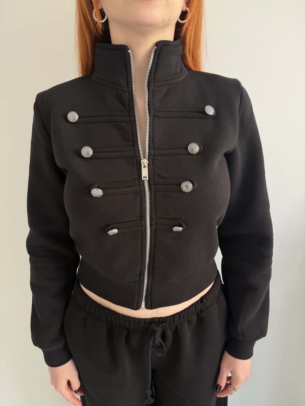 Bando Düğmeli Fermuarlı Sweatshırt Siyah