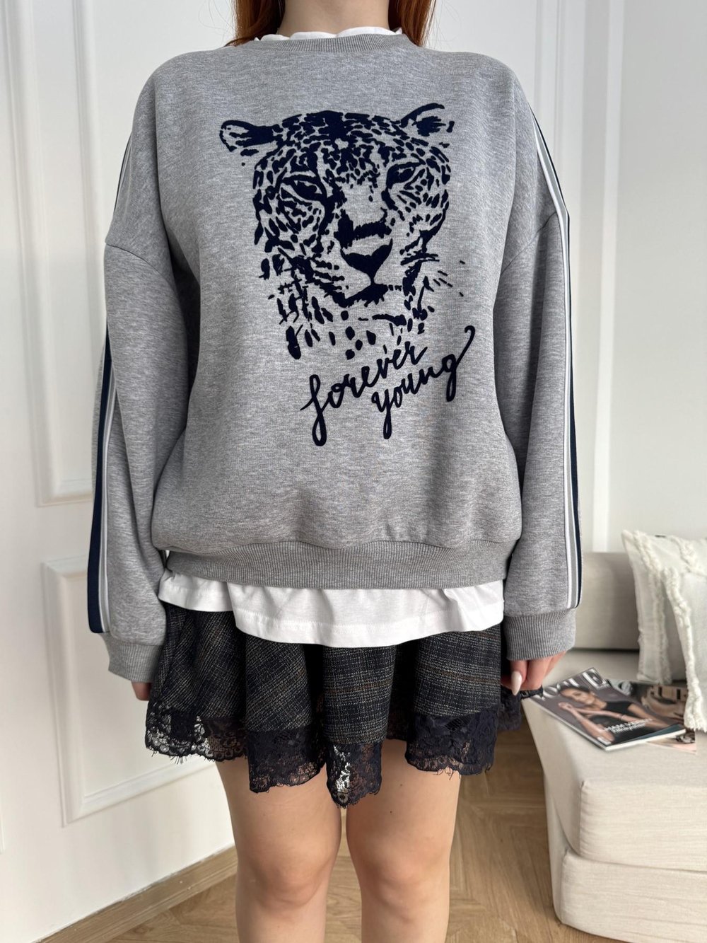 Baskılı Sweatshirt Gri melanj