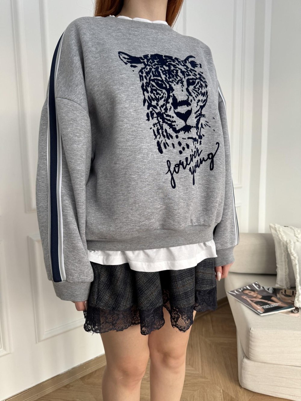 Baskılı Sweatshirt Gri melanj