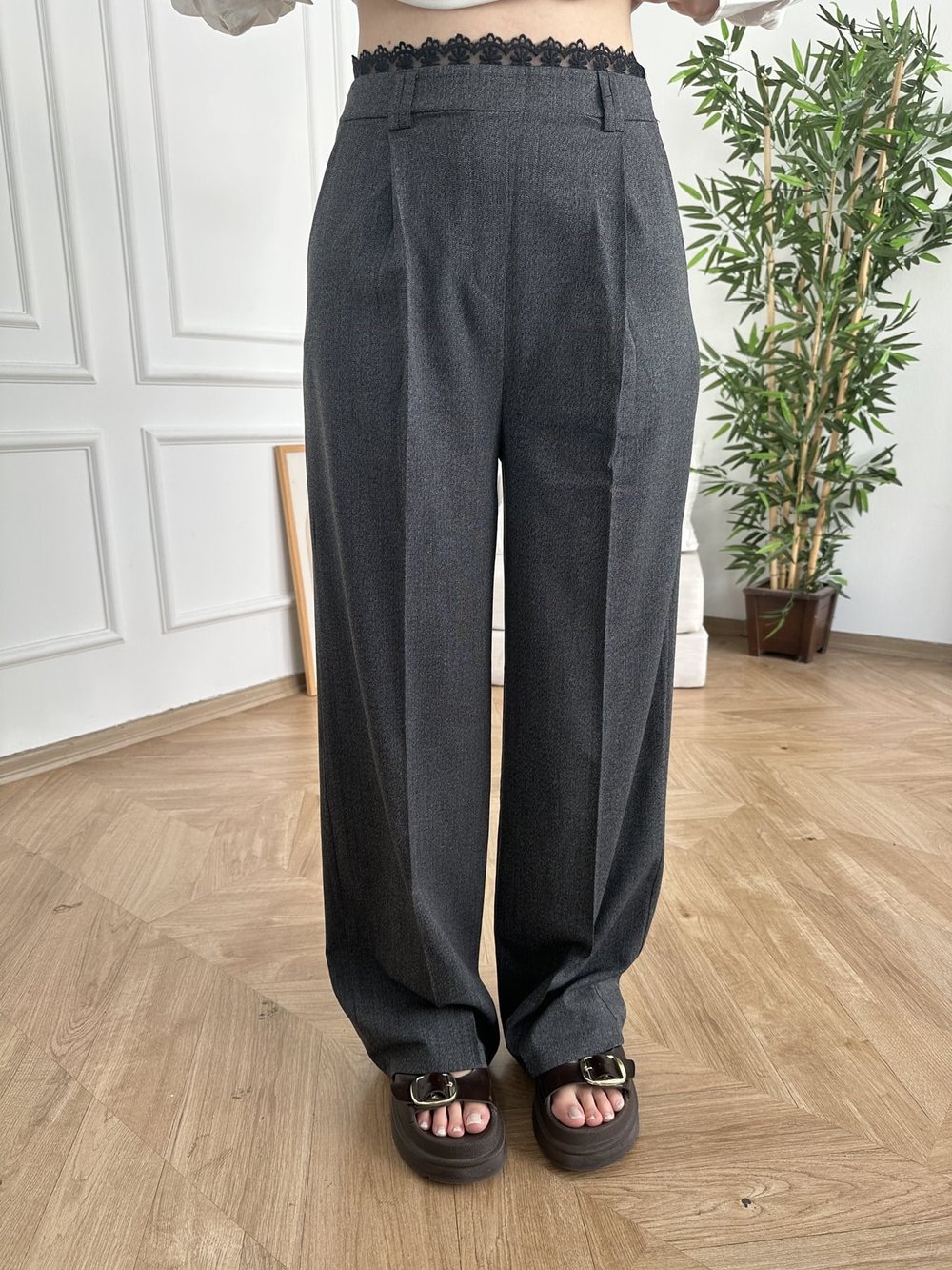 Beli Dantelli Pileli Pantolon Antrasit