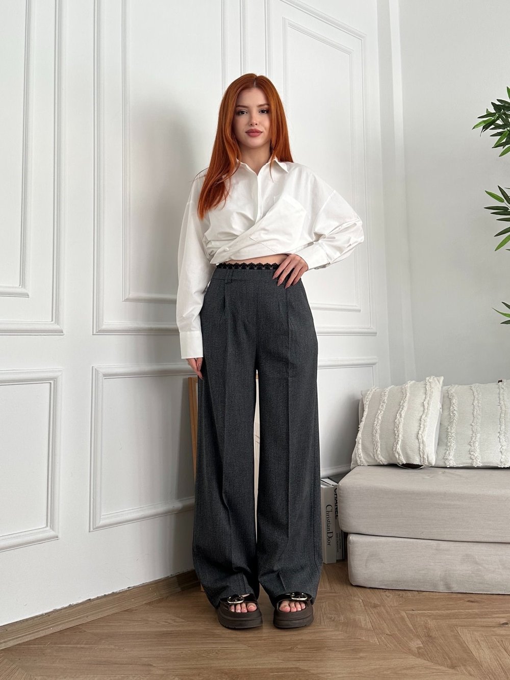 Beli Dantelli Pileli Pantolon Antrasit