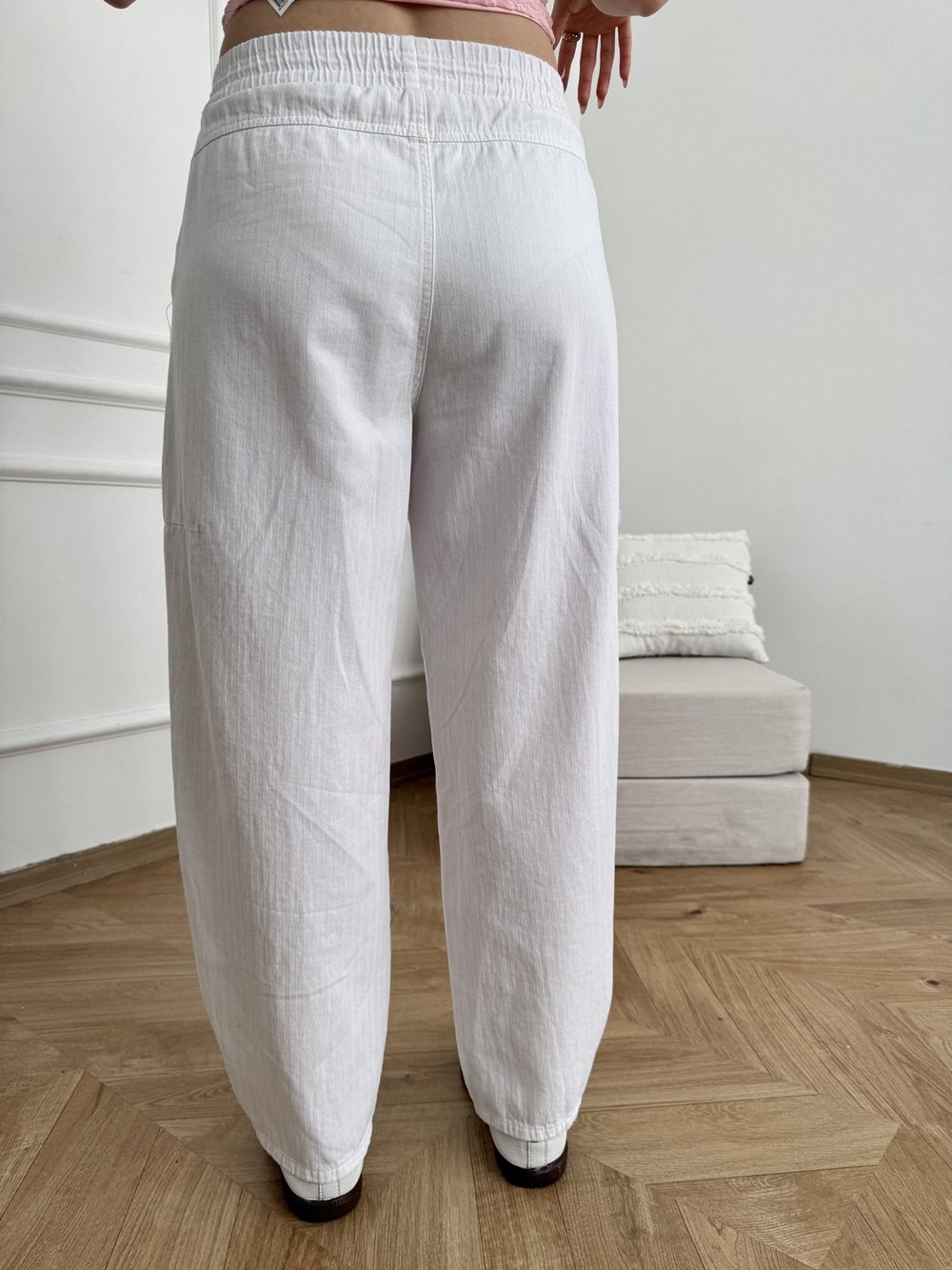 Beli Lastikli Balon Pantolon Beyaz