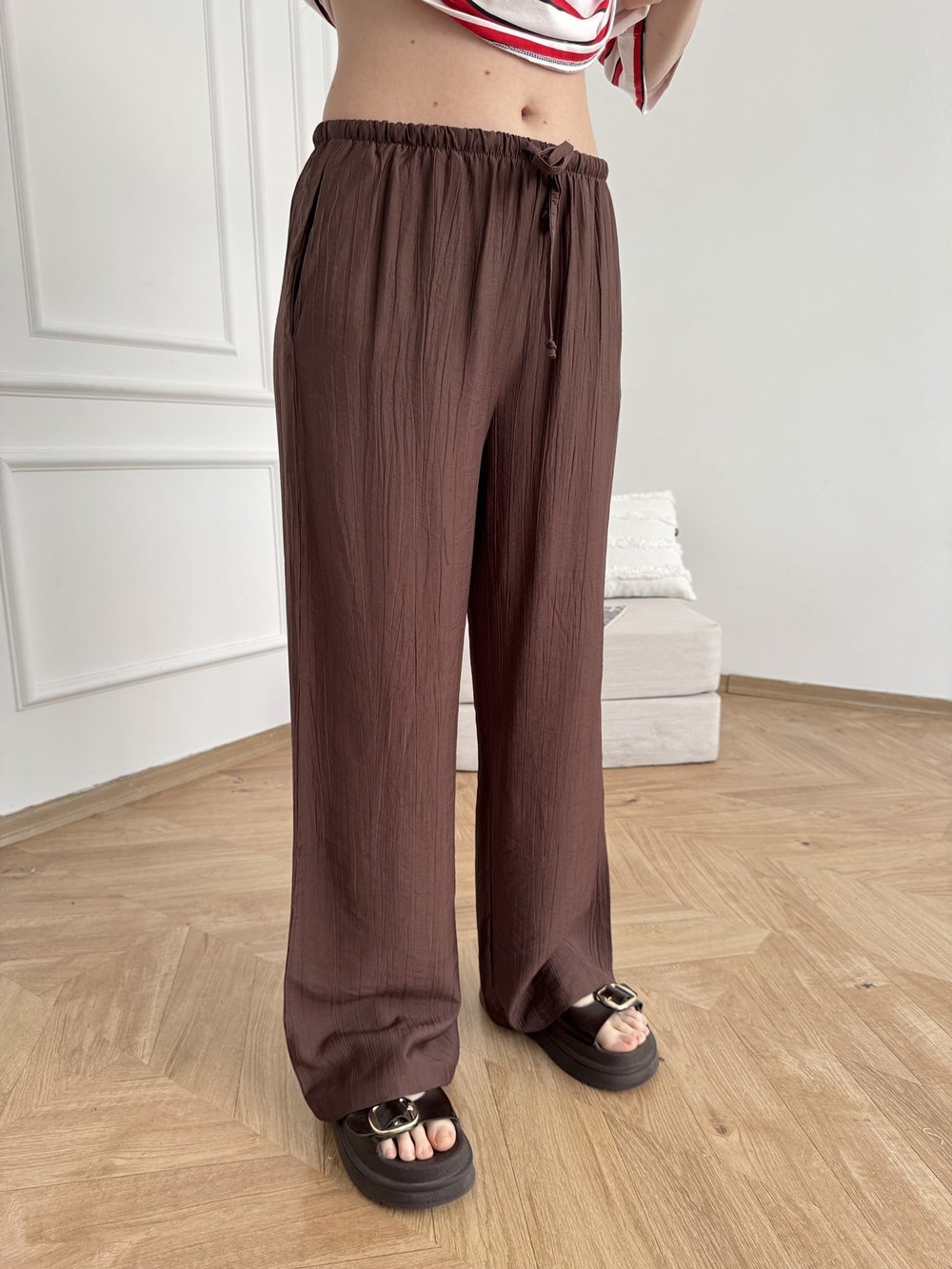 Beli Lastikli Bol Paça Pantolon Acı kahve