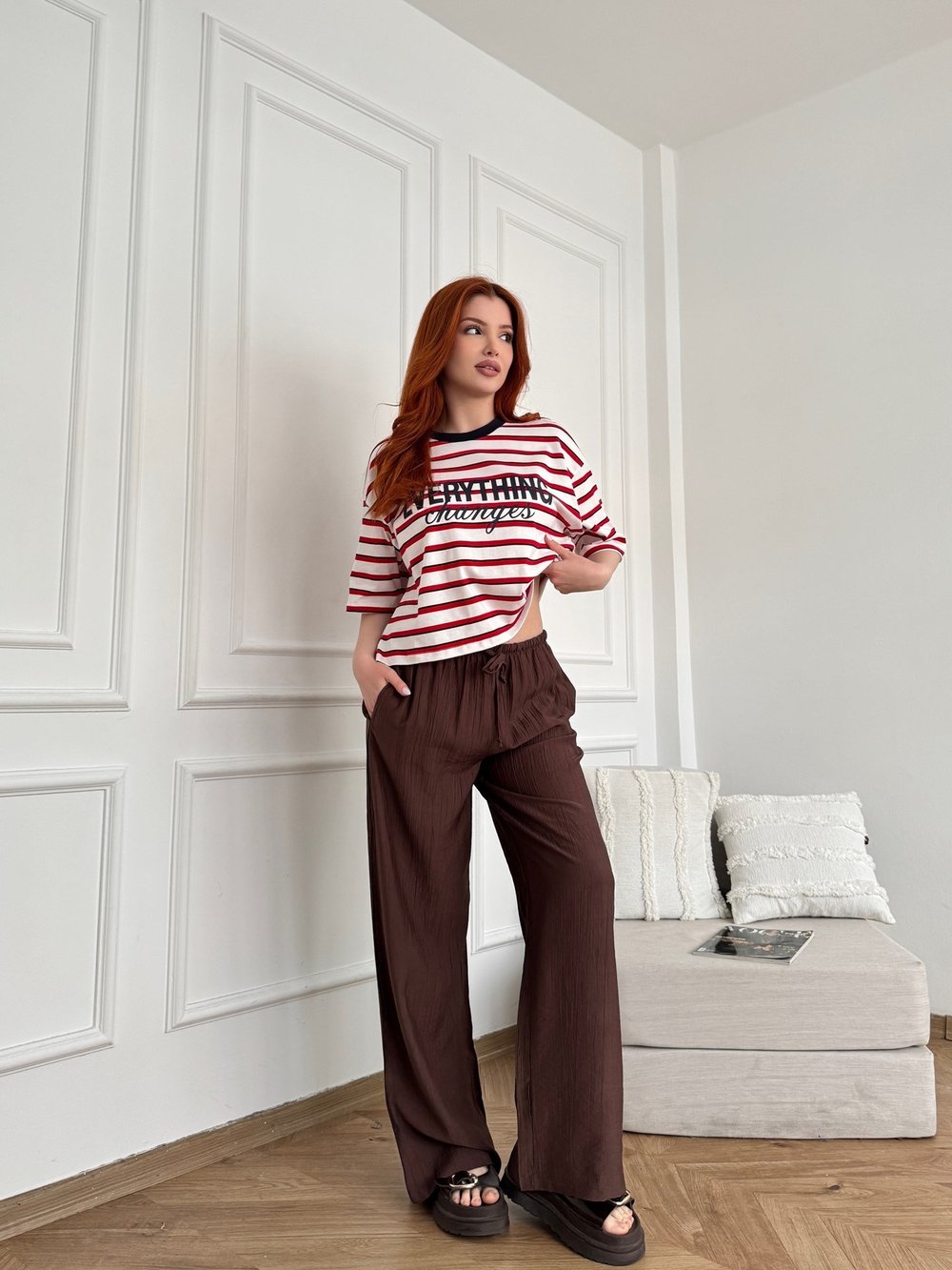 Beli Lastikli Bol Paça Pantolon Acı kahve