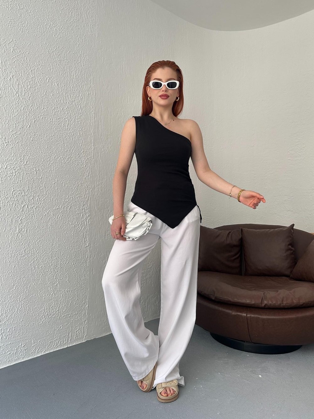 Beli Lastikli Bol Pantolon Beyaz