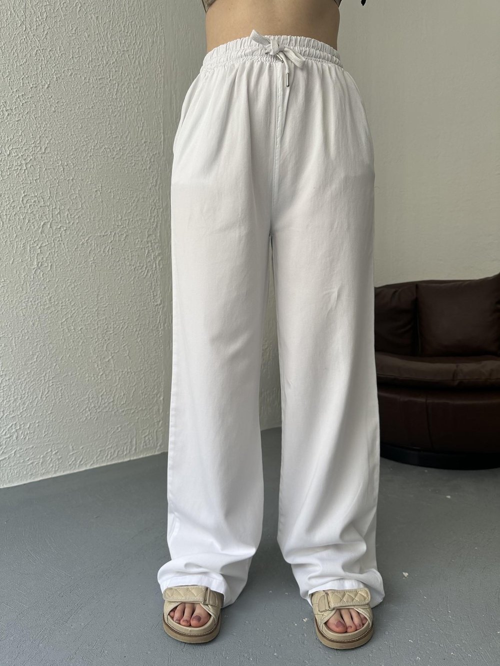 Beli Lastikli Bol Pantolon Beyaz