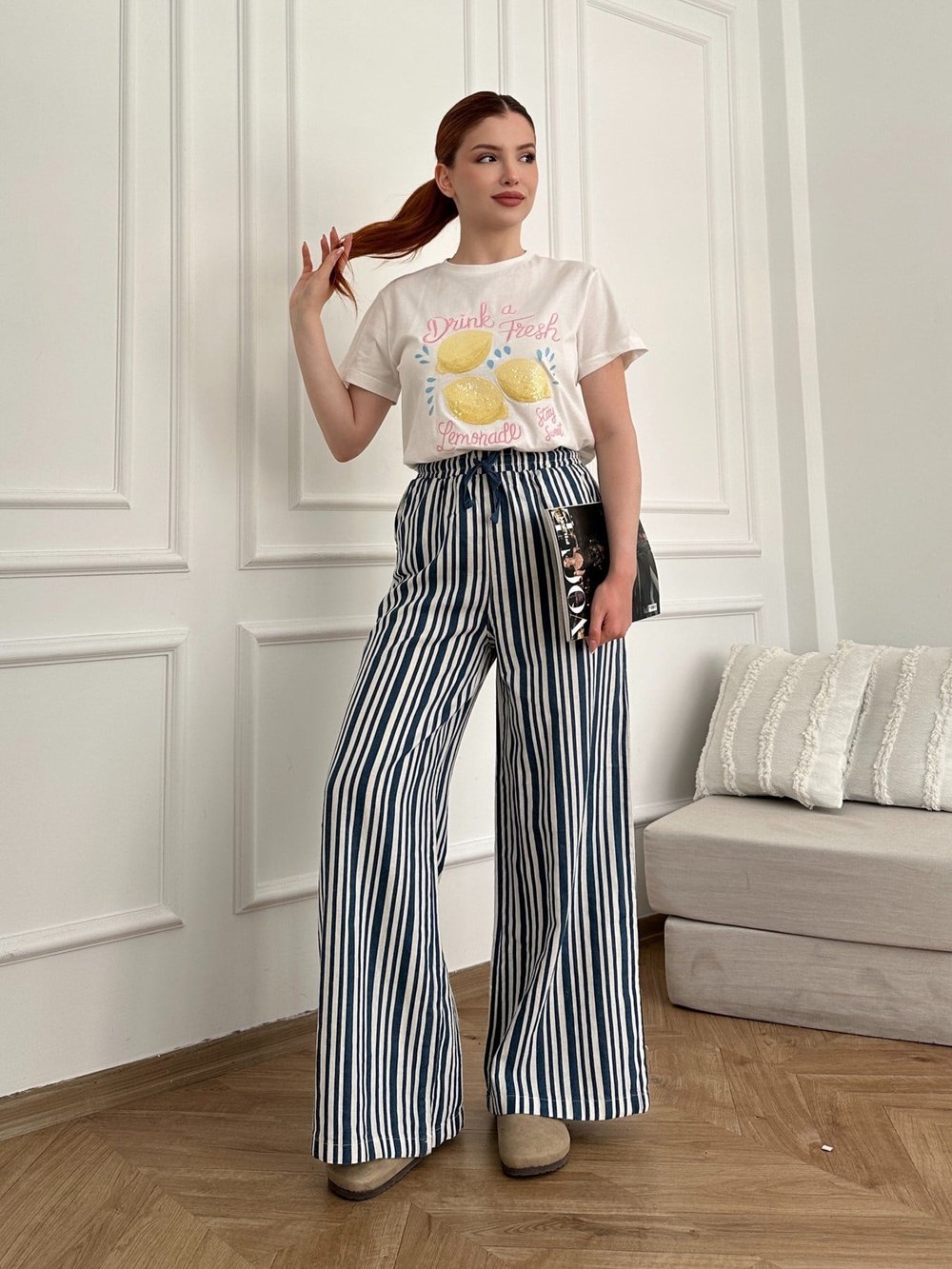 Beli Lastikli Çizgili Bol Paça Pantolon Mavi