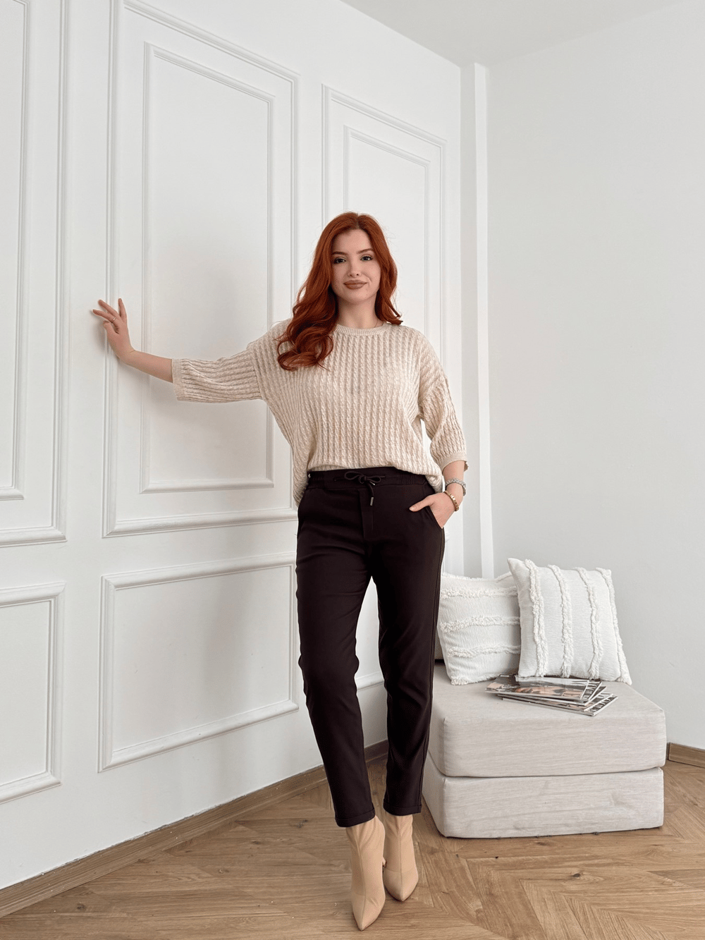 Beli Lastikli Duble Paça Pantolon Kahve