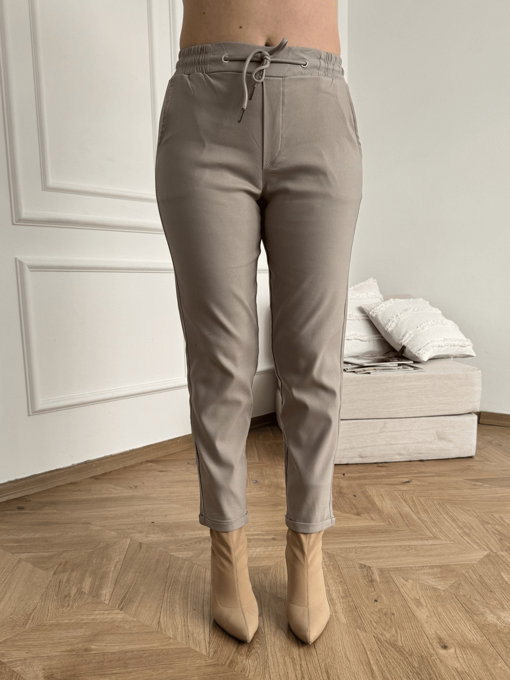 Beli Lastikli Duble Paça Pantolon Taş