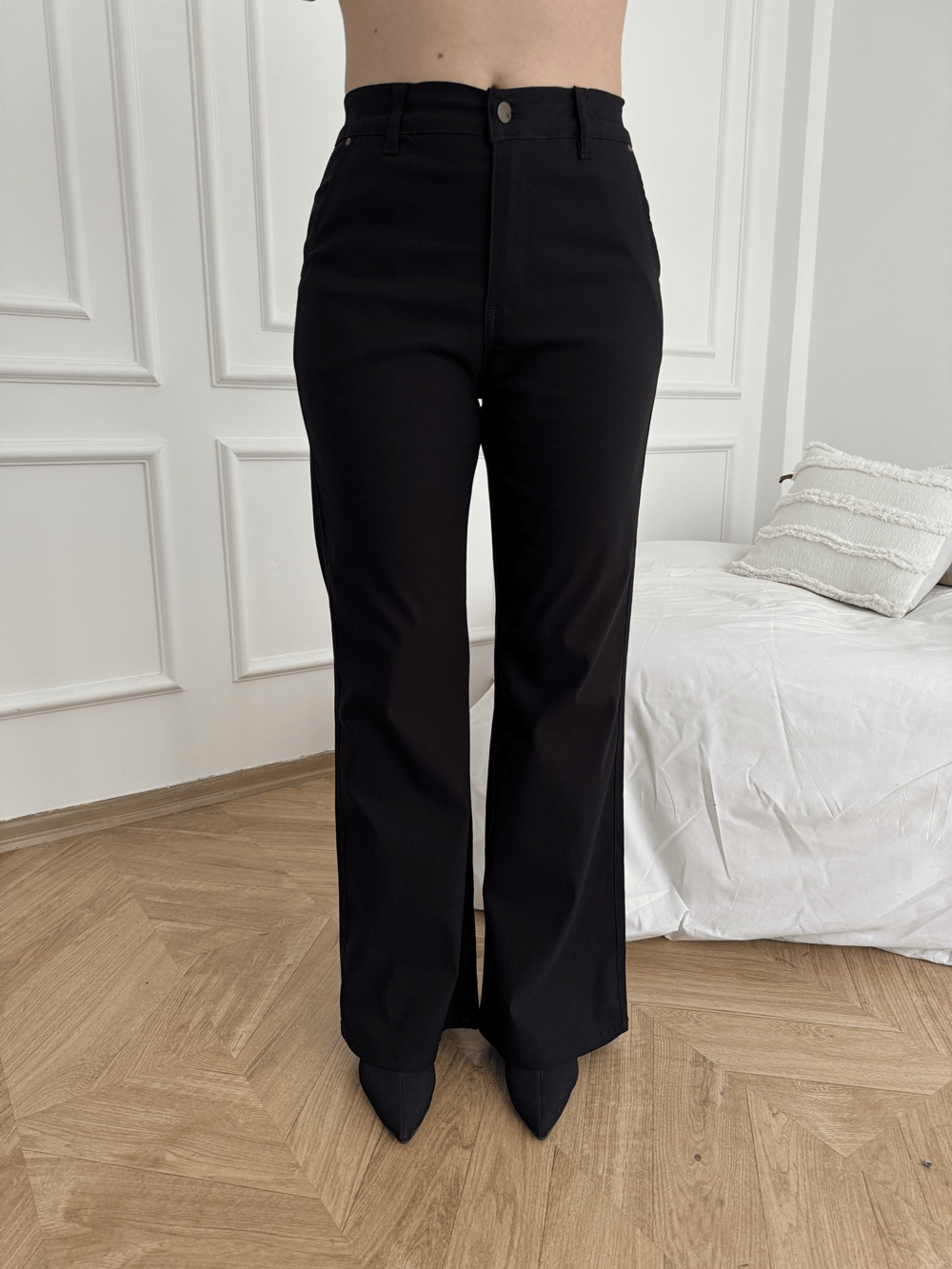 Beli Lastikli İspanyol Paça Pantolon Siyah