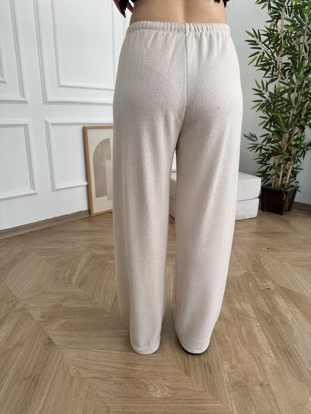 Beli Lastikli Örme Bol Paça Pantolon Naturel