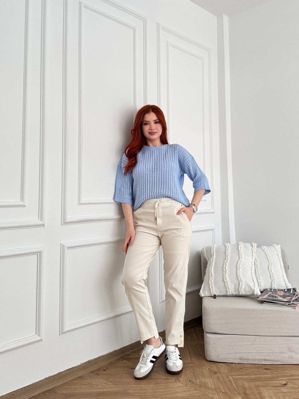 Beli Lastikli Paça Düğmeli Pantolon Taş