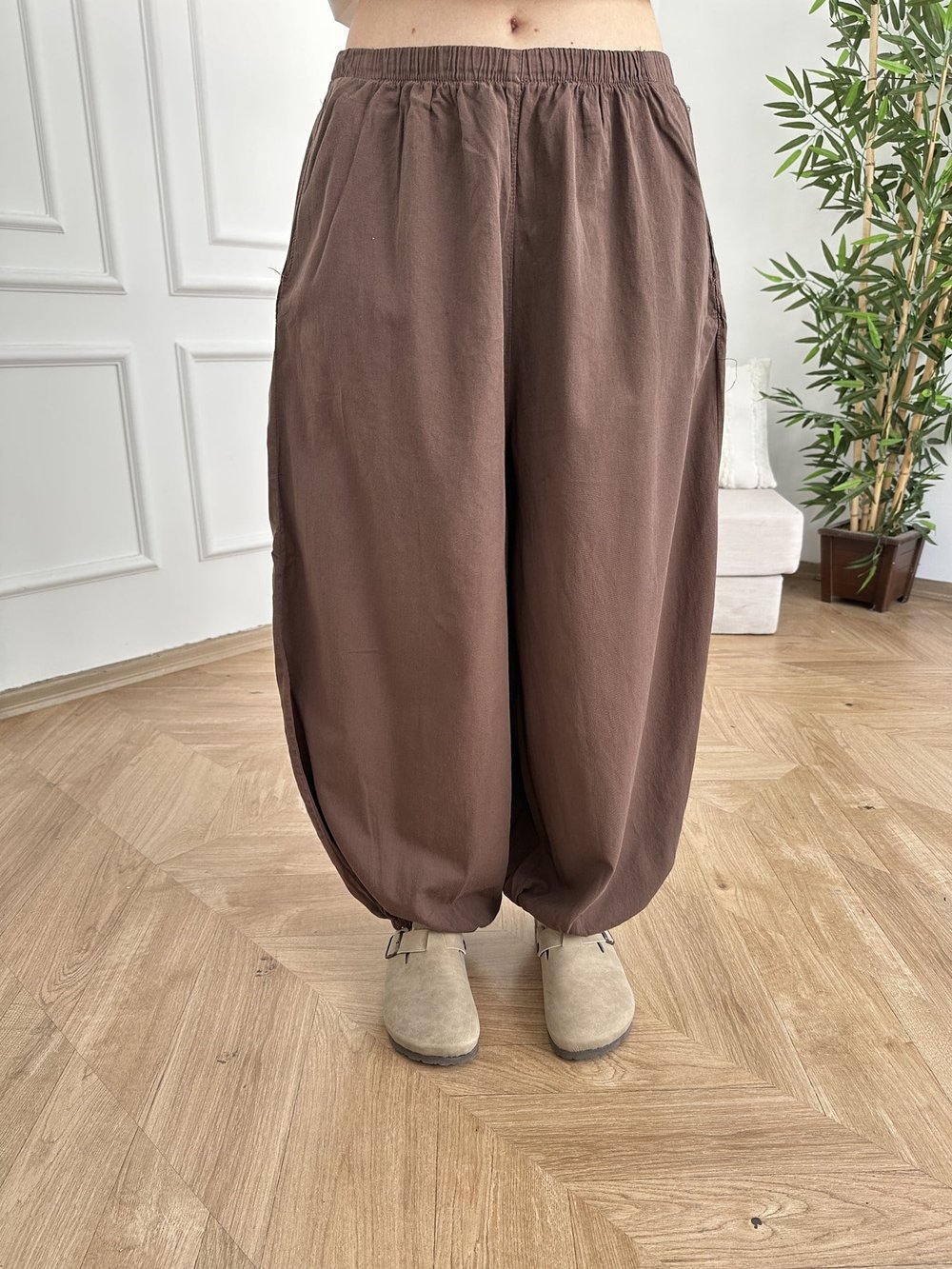 Beli Lastikli Şalvar Pantolon Kahve