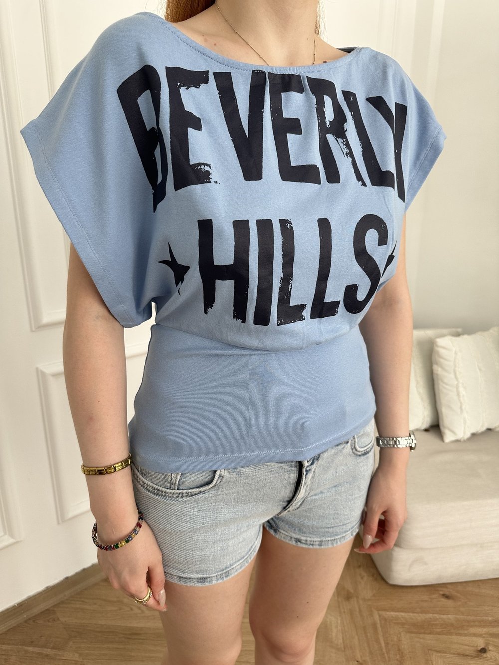 Beverly Hills Baskılı Yarasa T-shirt Mavi