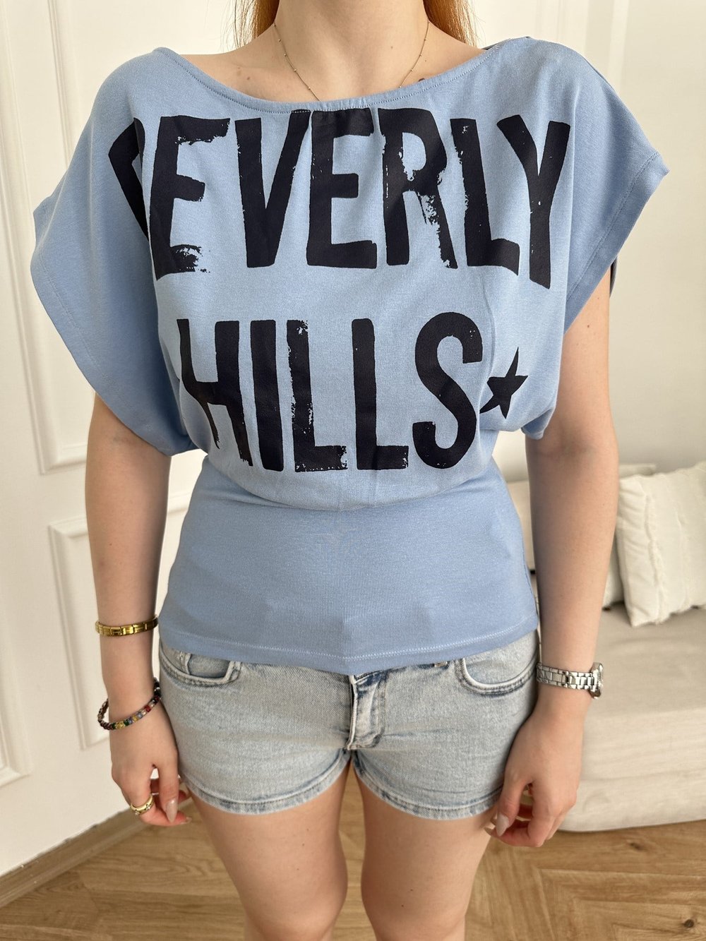 Beverly Hills Baskılı Yarasa T-shirt Mavi