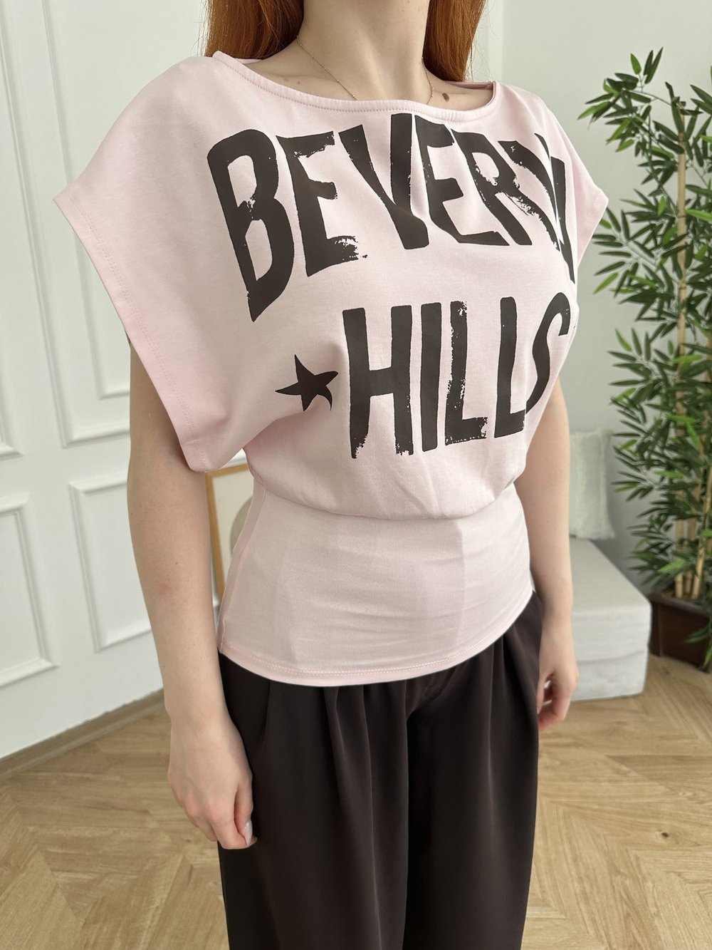 Beverly Hills Baskılı Yarasa T-shirt Şeker pembe