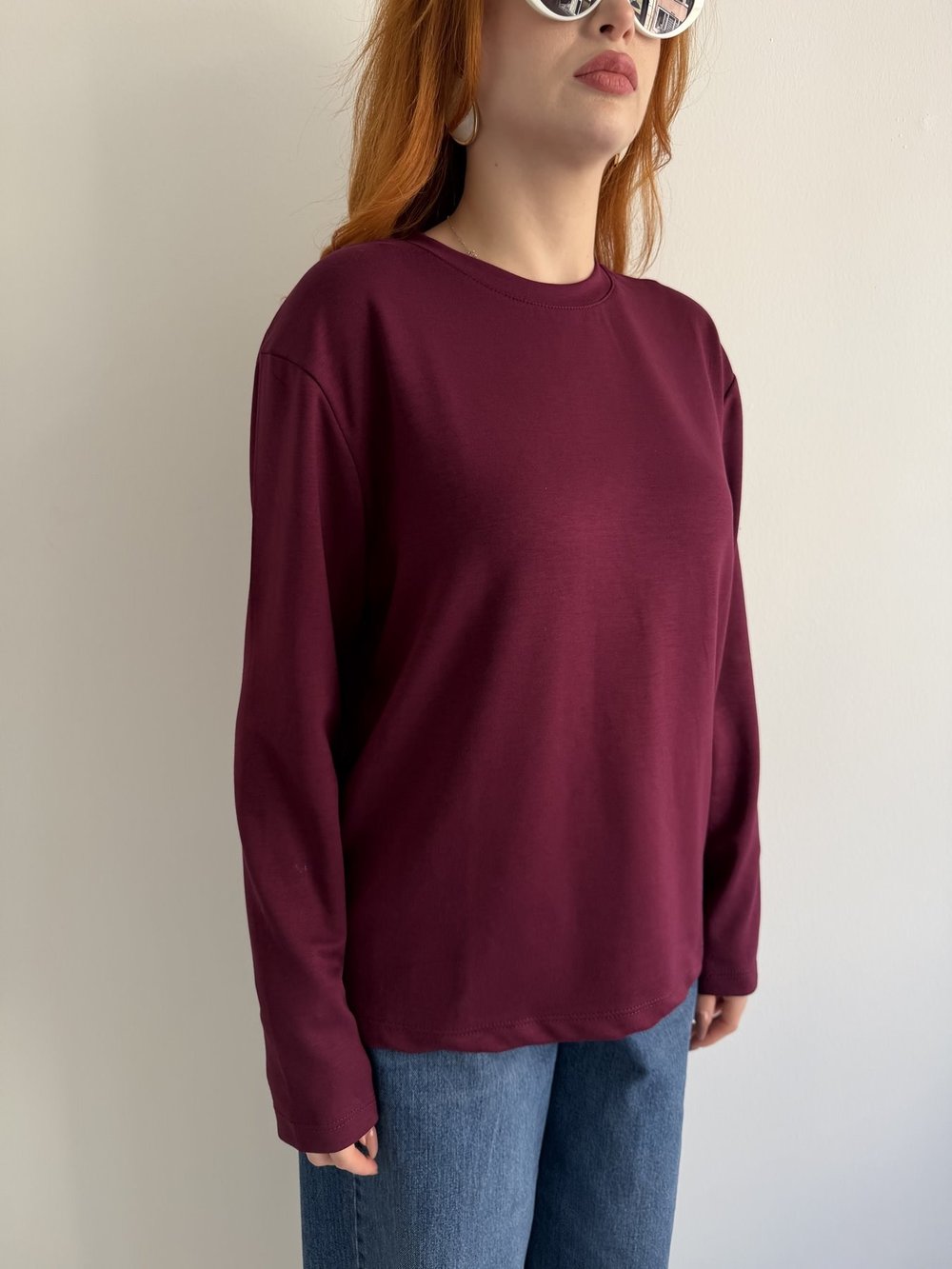 Bisiklet Yaka Basic Sweatshirt Bordo