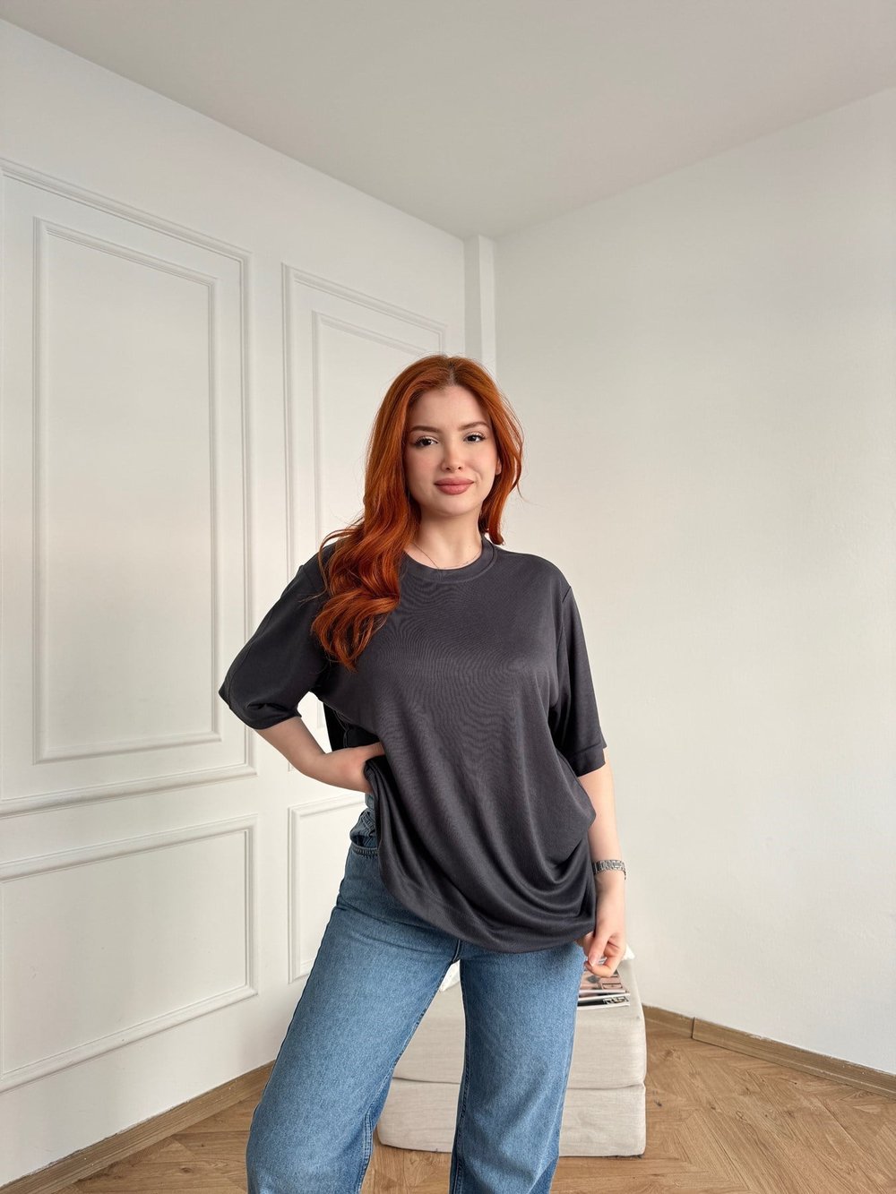 Bisiklet Yaka Fitilli Kısa Kol Tişört Antrasit