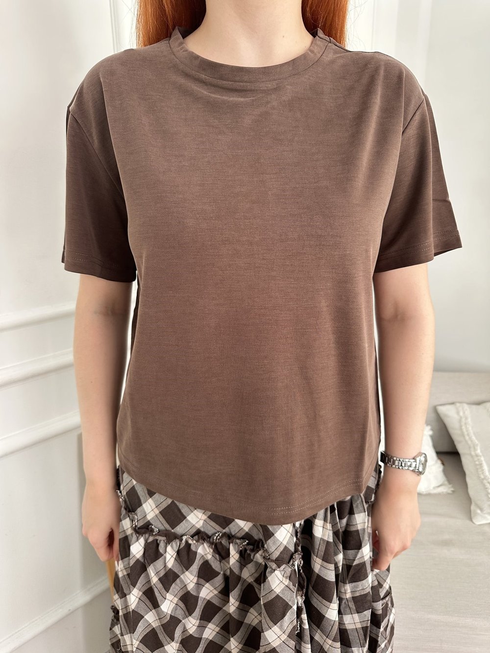 Bisiklet Yaka Kısa T-shirt Koyu kahve