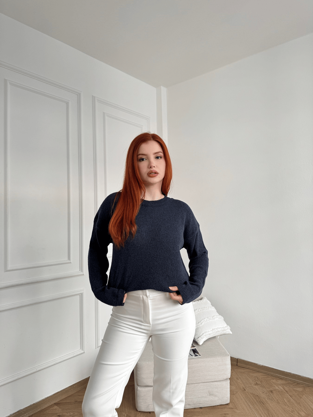 Bisiklet Yaka Uzun Kollu Triko Lacivert