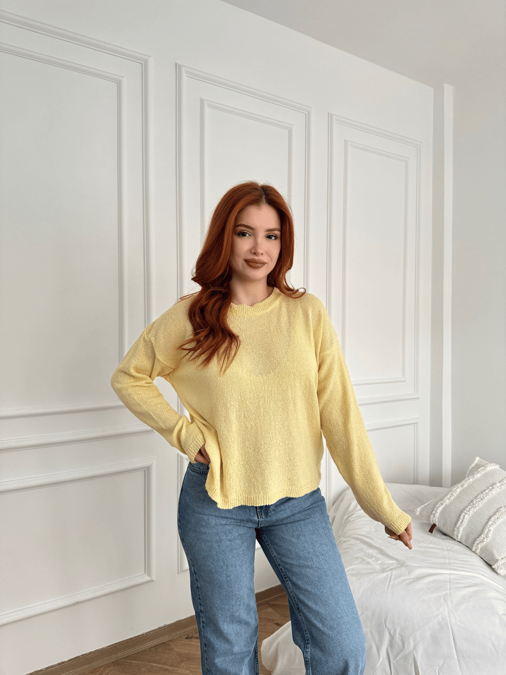 Bisiklet Yaka Uzun Kollu Triko Sarı