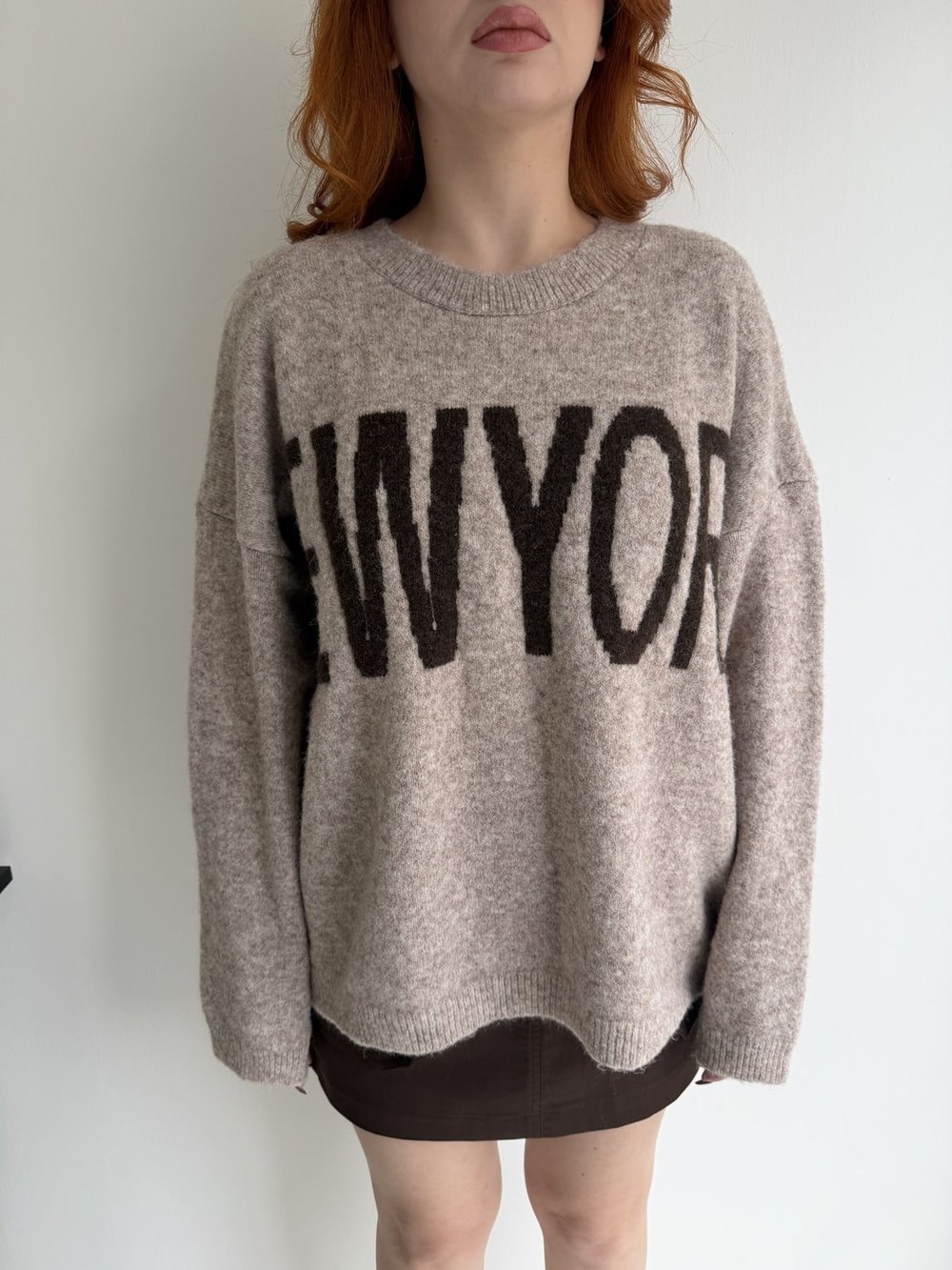 Bisiklet Yaka Yazılı Oversize Triko Vizon