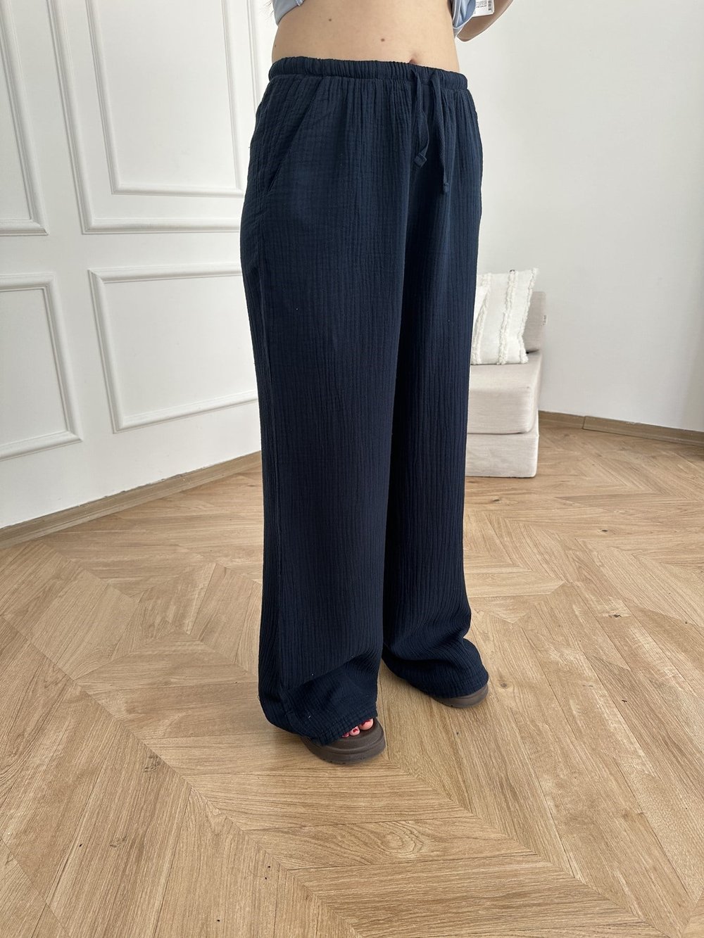 Bol Paça Müslin Kumaş Relax Pantolon Lacivert