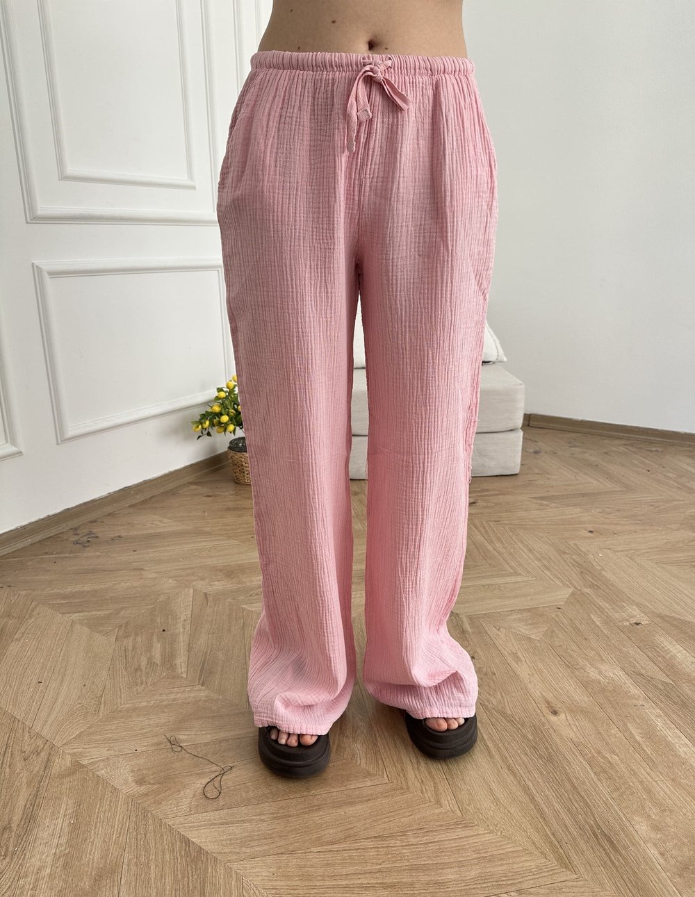 Bol Paça Müslin Kumaş Relax Pantolon Pembe