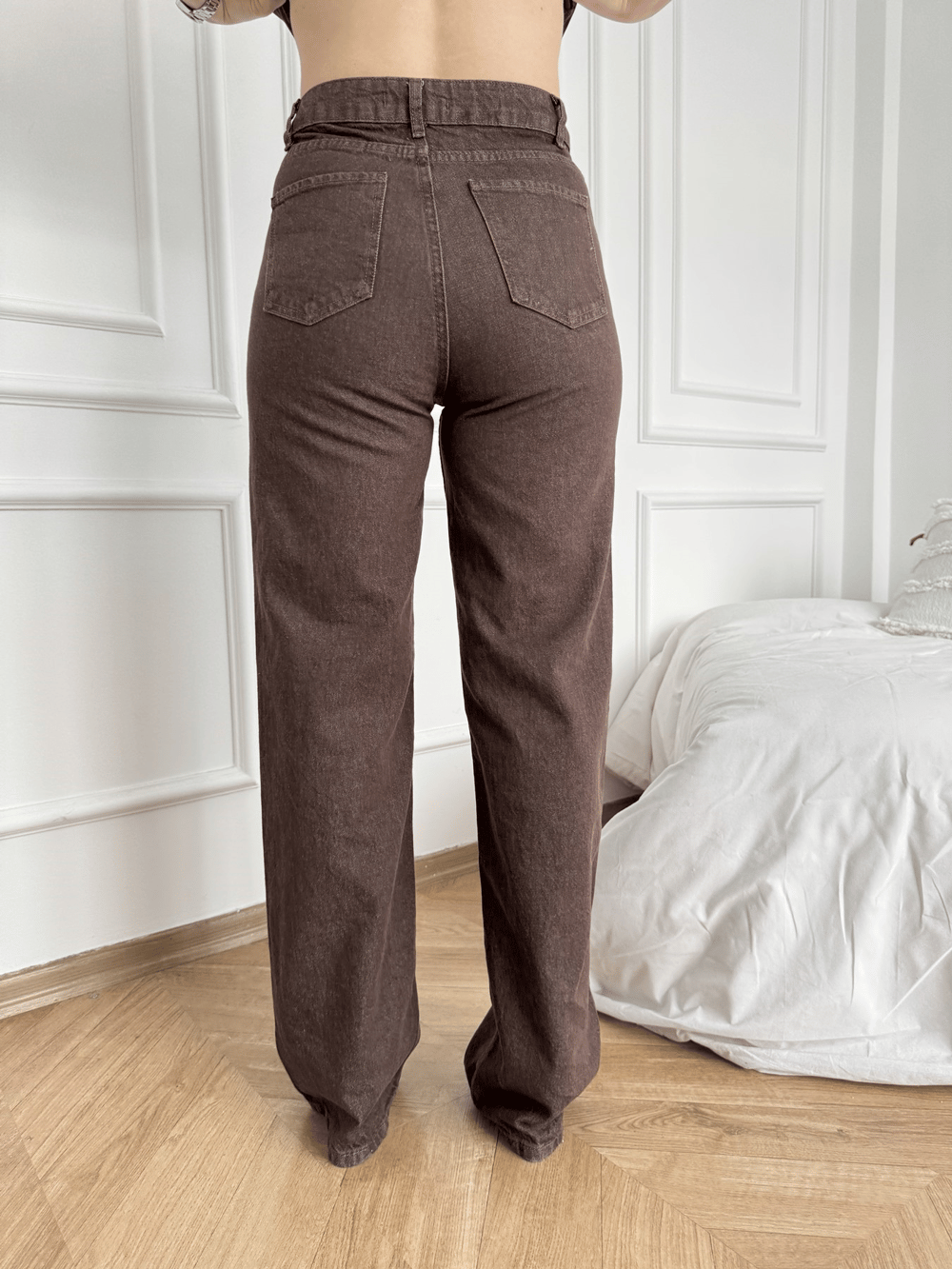 Bol Paça Renkli Denim Pantolon Kahve
