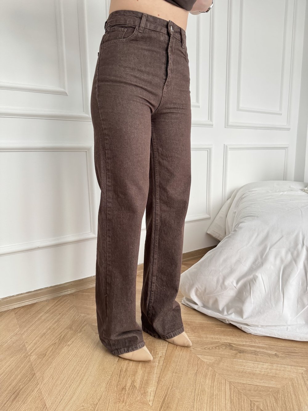 Bol Paça Renkli Denim Pantolon Kahve